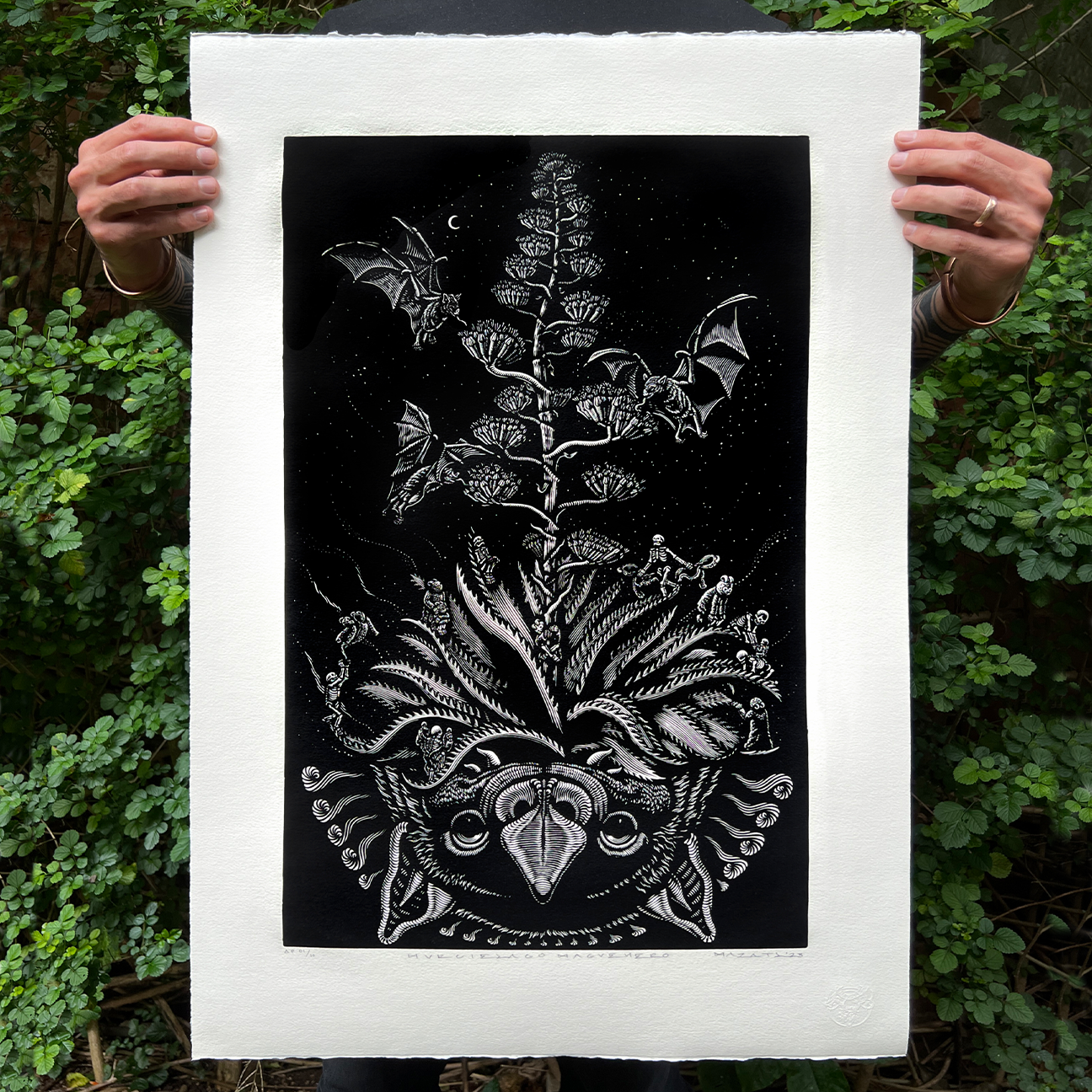 Mazatl "MurciΓ©lago Magueyero" Linocut Print