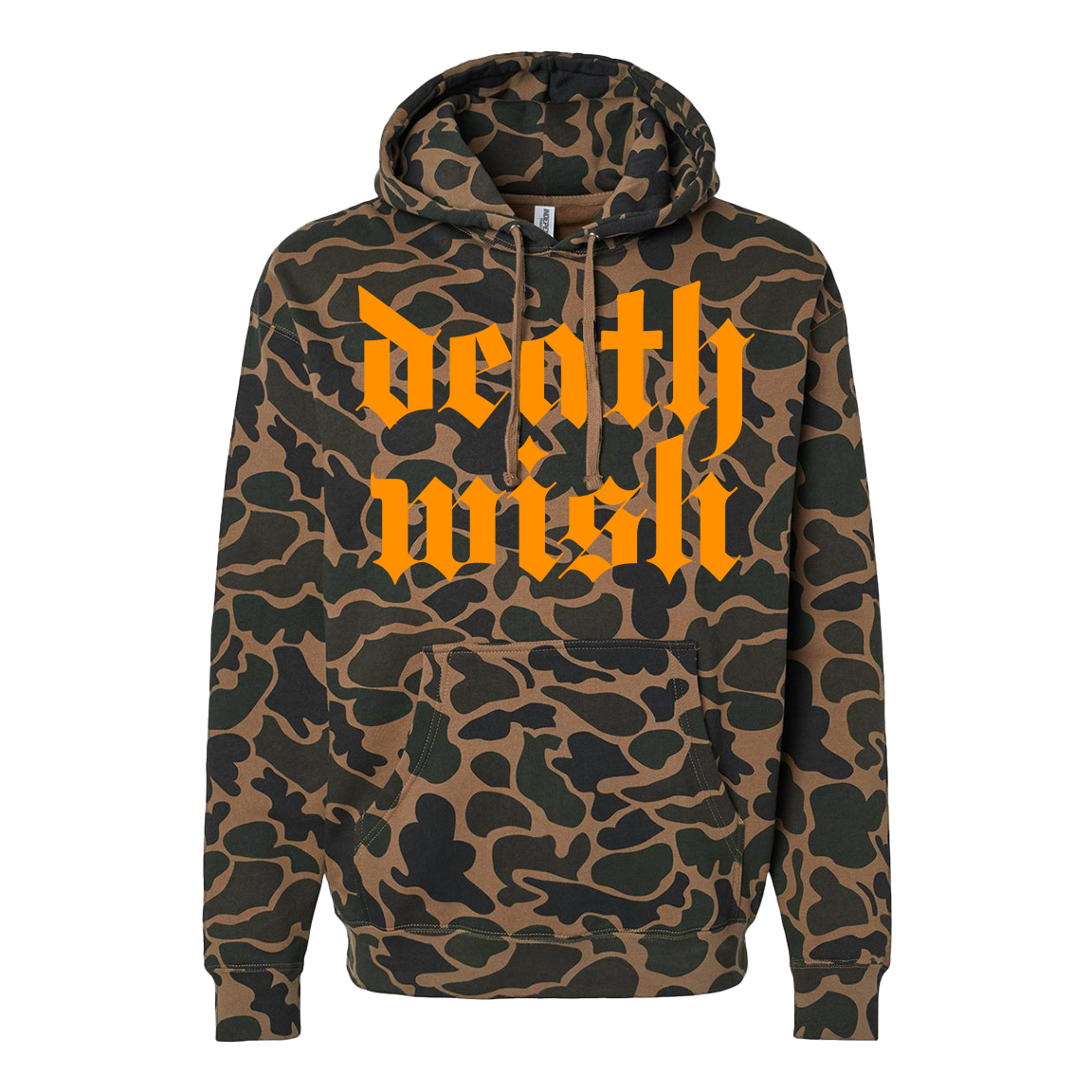 Deathwish βStacked Logo: Orangeβ Premium Duck Camo Sweatshirt
