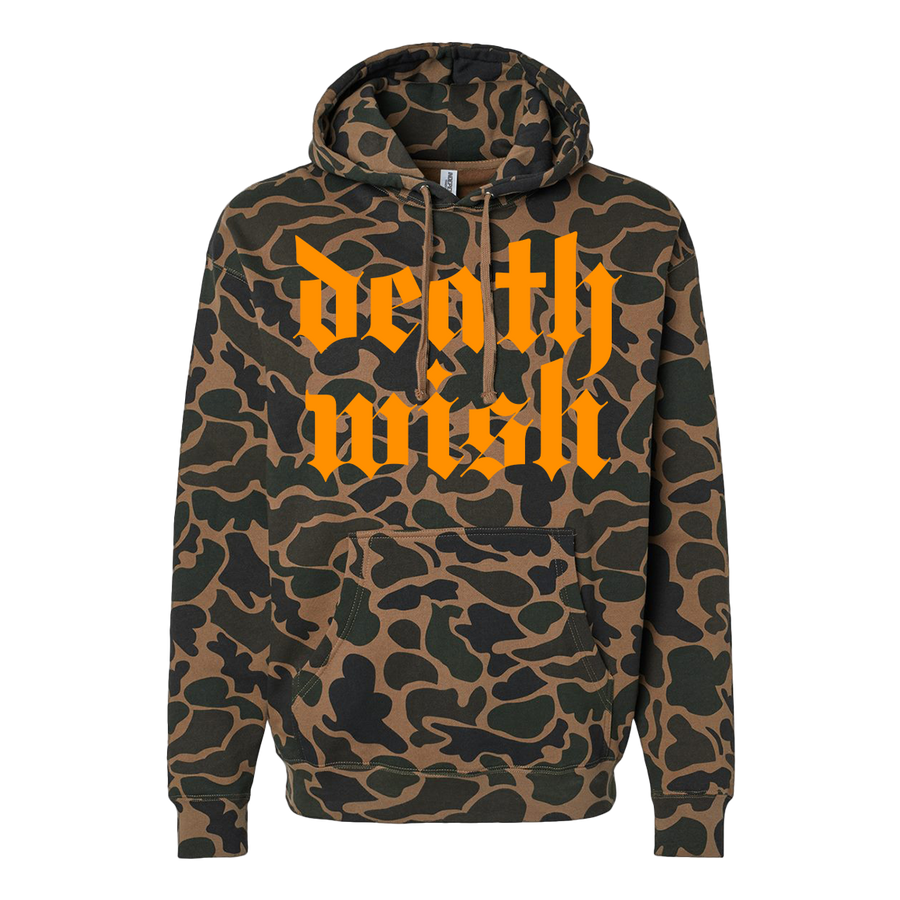 Deathwish βStacked Logo: Orangeβ Premium Duck Camo Sweatshirt