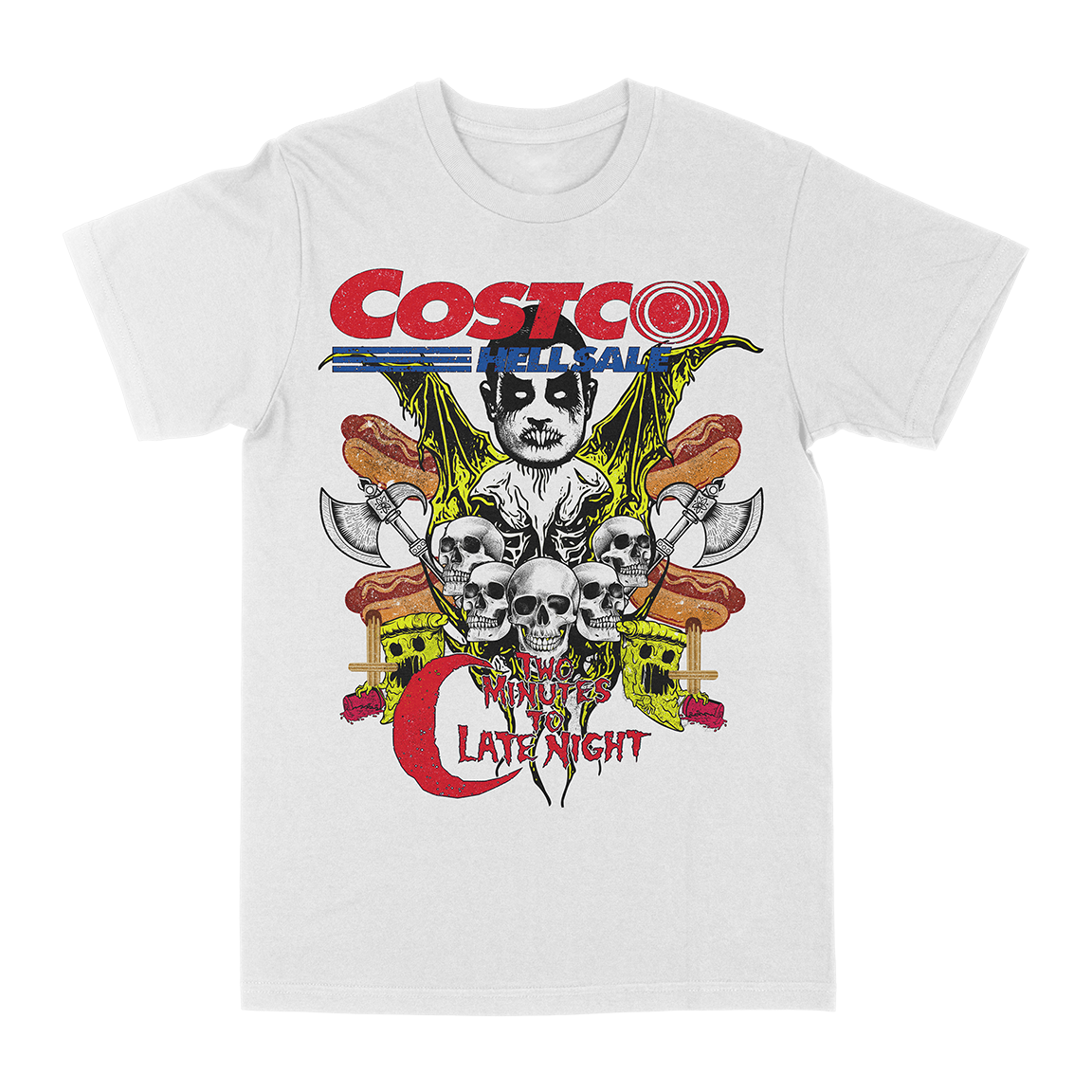 Two Minutes To Late Night βCostco Hellsaleβ White T-Shirt
