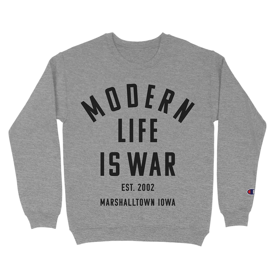 Modern Life Is War "Marshalltown Iowa" Oxford Grey Reverse Weave Crewneck