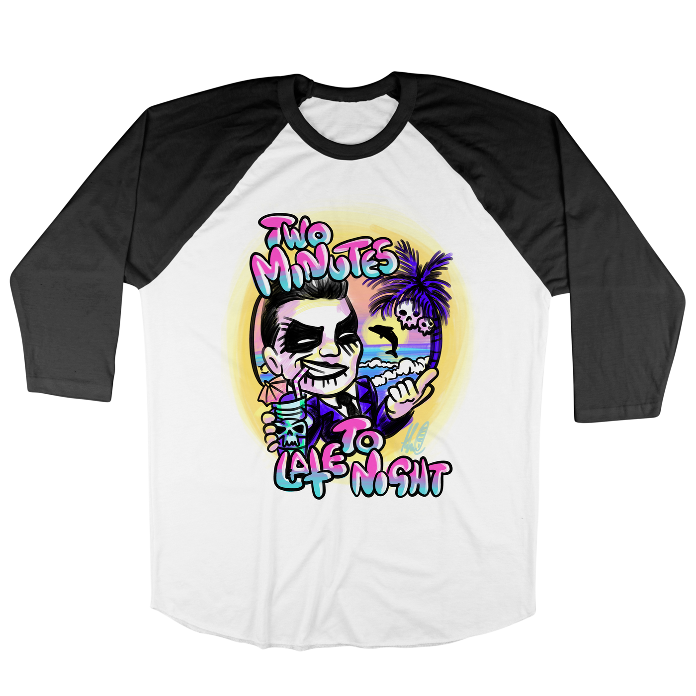 Two Minutes To Late Night "Air Brush" White / Black Baseball Tee