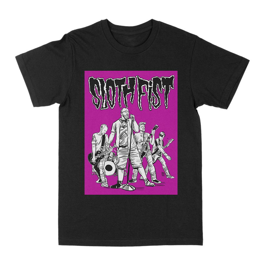 Sloth Fist “Pink Cartoon by Brian Walsby” Black T-Shirt